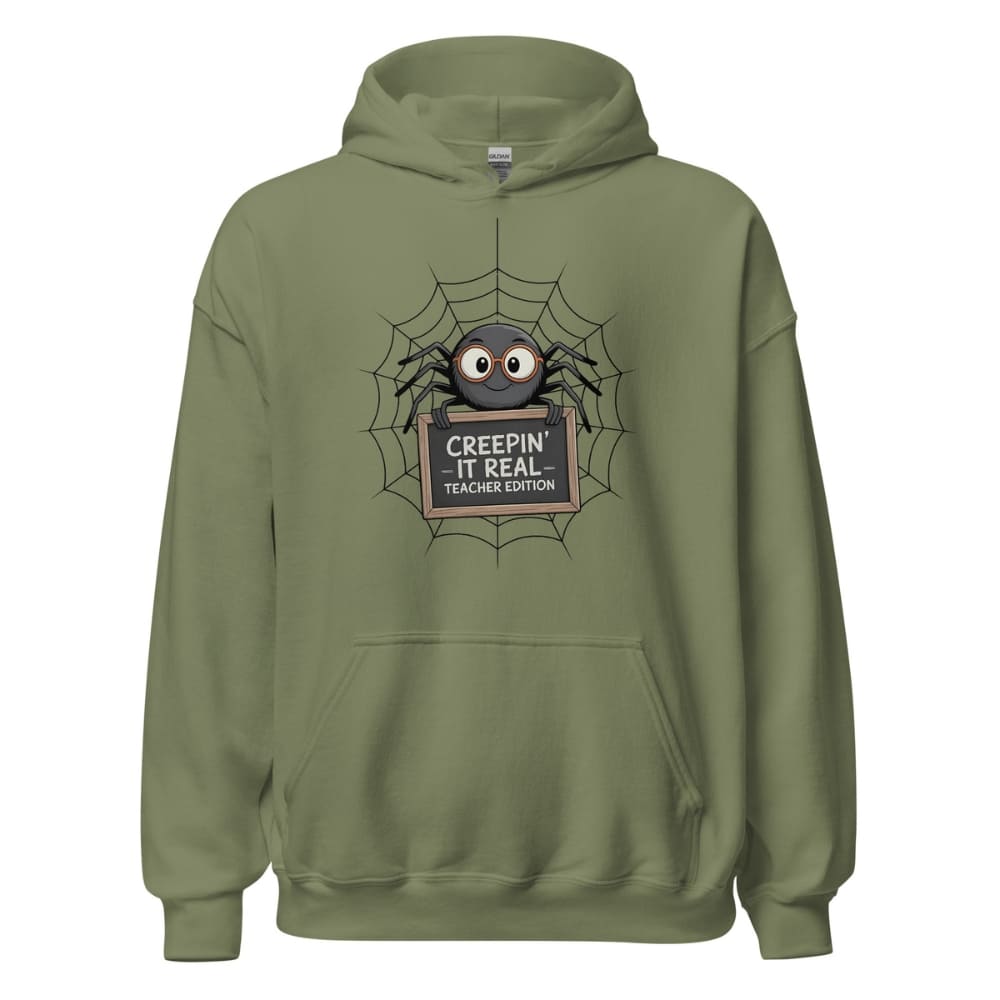 Green hoodie with spider graphic and text on a white background