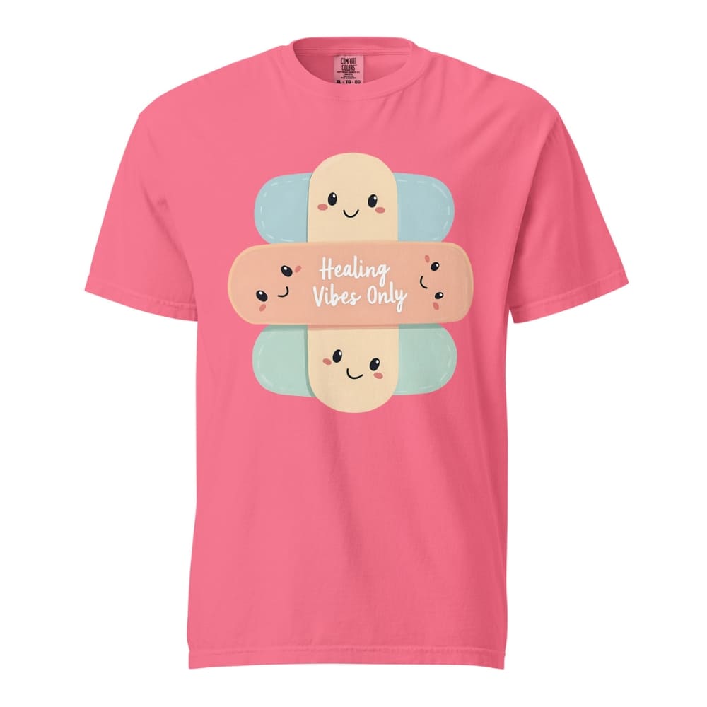 Pink t-shirt with cartoon bandages and 'Healing Vibes Only' text on a white background