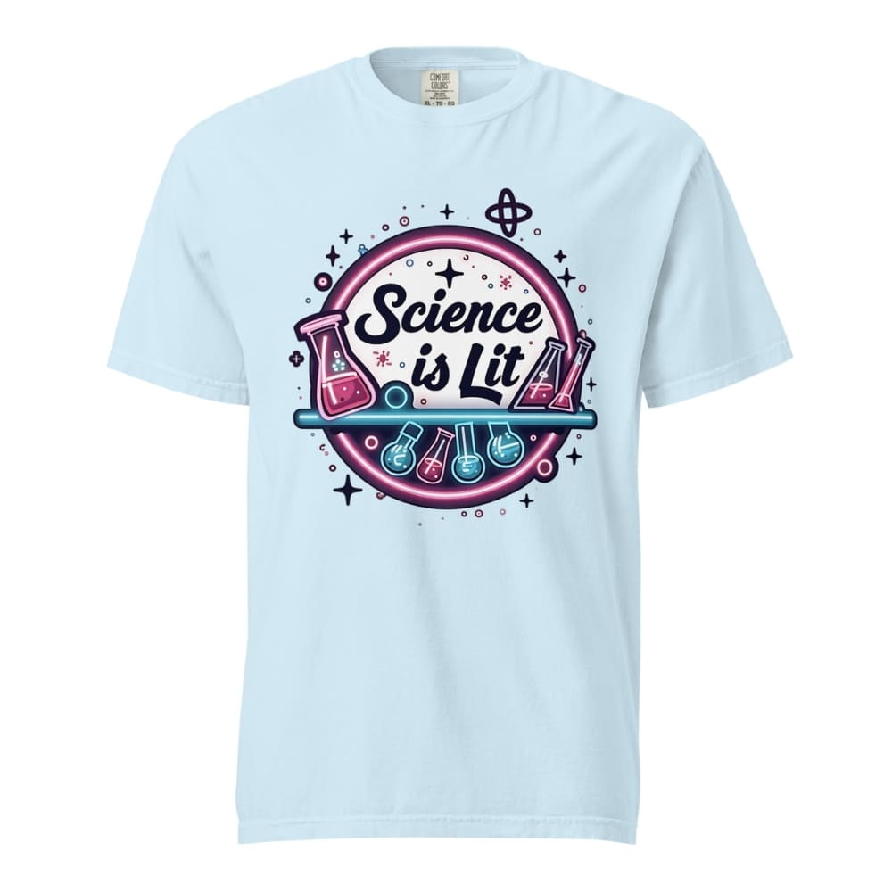 Light blue t-shirt with 'Science is Lit' graphic design on a white background