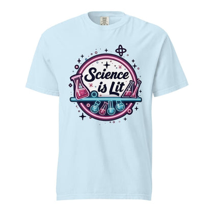 Light blue t-shirt with 'Science is Lit' graphic design on a white background