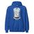 Blue hoodie with a graphic design on the chest against a white background
