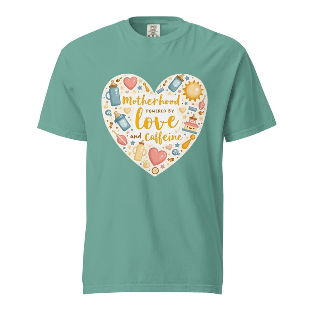 Teal t-shirt with a heart-shaped design featuring text and icons on a white background