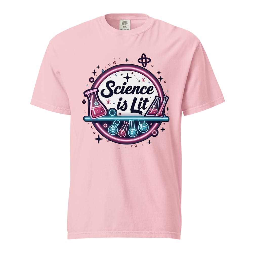 Pink t-shirt with 'Science is Lit' graphic design on a white background