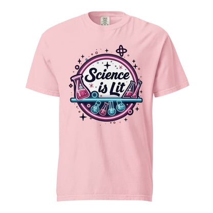 Pink t-shirt with 'Science is Lit' graphic design on a white background