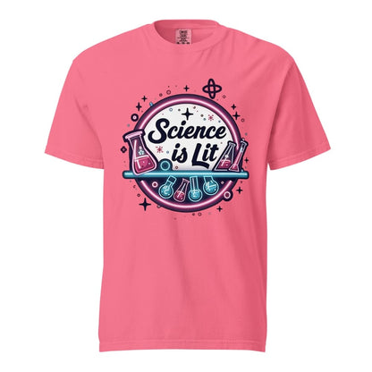 Pink t-shirt with 'Science is Lit' graphic design on a white background