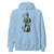 Light blue hoodie with a graphic of a person holding a skateboard on the back, on a white background.