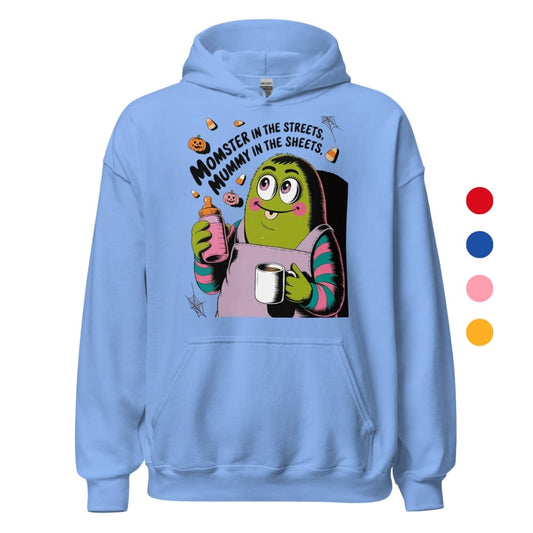 Light blue hoodie with a cartoon character and text on a white background