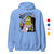 Light blue hoodie with a cartoon character and text on a white background