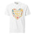 White t-shirt with colorful graphic and text 'Motherhood powered by love and caffeine' on a white background