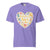 Purple t-shirt with a colorful heart design and text on a white background