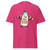 Pink t-shirt with a cartoon milk bottle character lifting weights and text 'Mom Strength Unmatched' on a white background.
