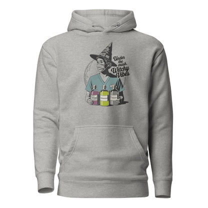 Gray hoodie with a graphic of a person in a witch hat and potion bottles on a white background