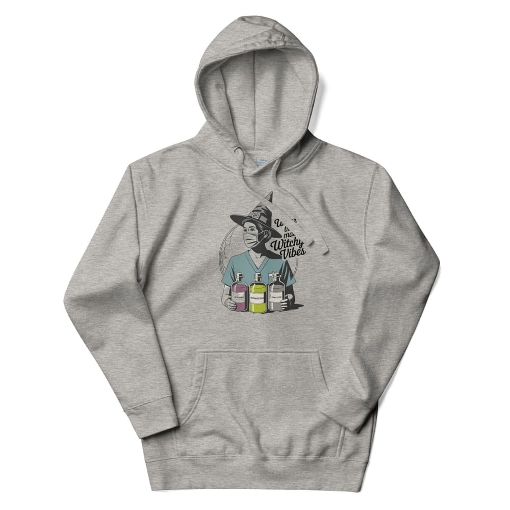 Gray hoodie with a graphic design on a white background