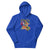Blue hoodie with a graphic of characters in a classroom on a white background