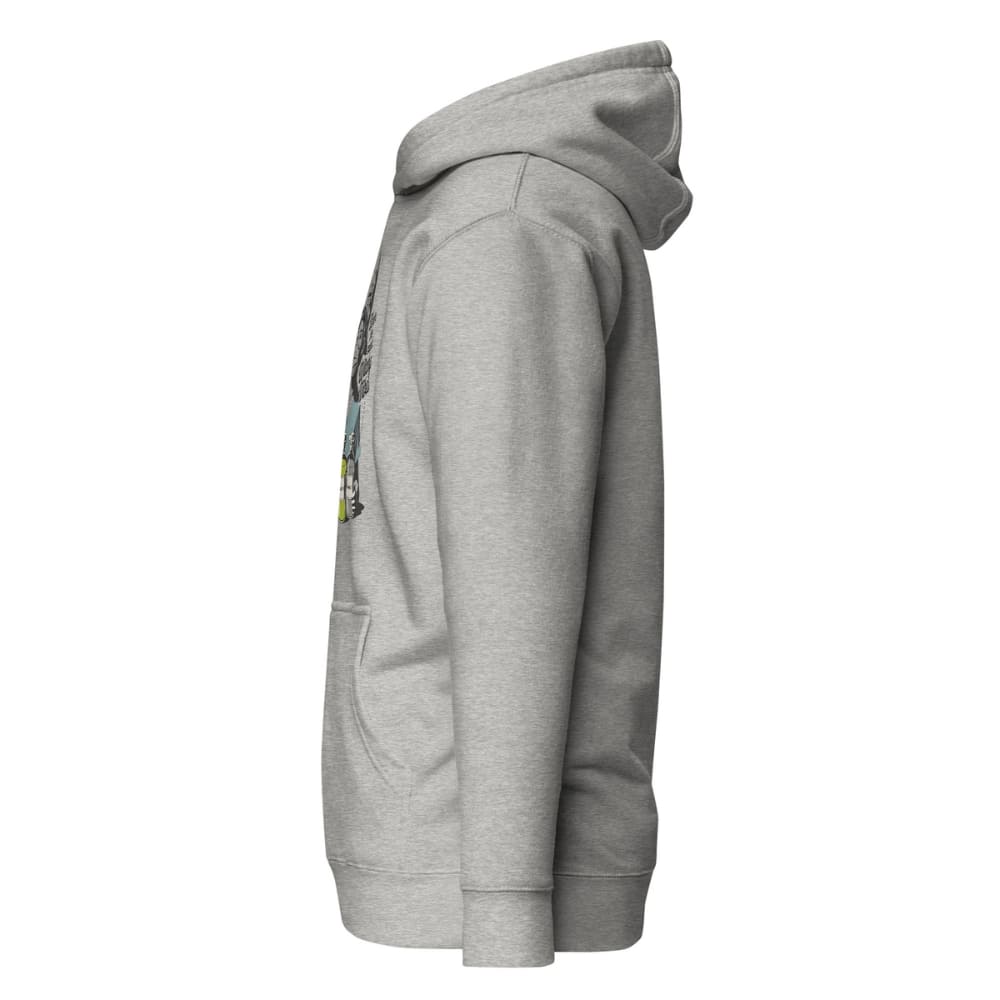 Gray hoodie with a small graphic on the chest against a white background
