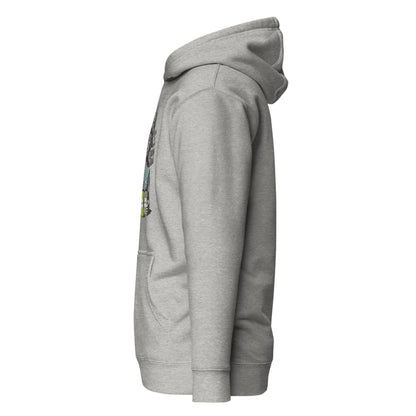 Gray hoodie with a small graphic on the chest against a white background