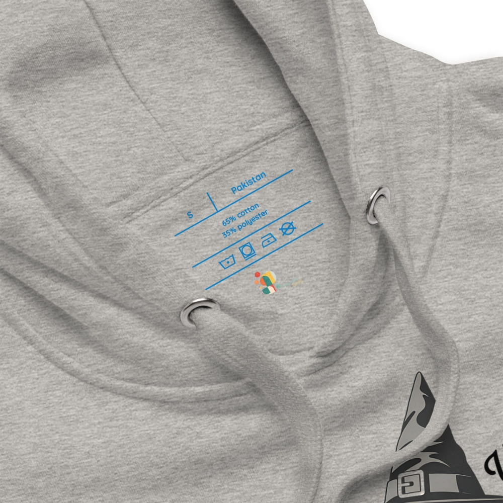 Gray hoodie with brand logo on sleeve and text on chest