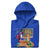 Blue hoodie with cartoon characters and text on a white background