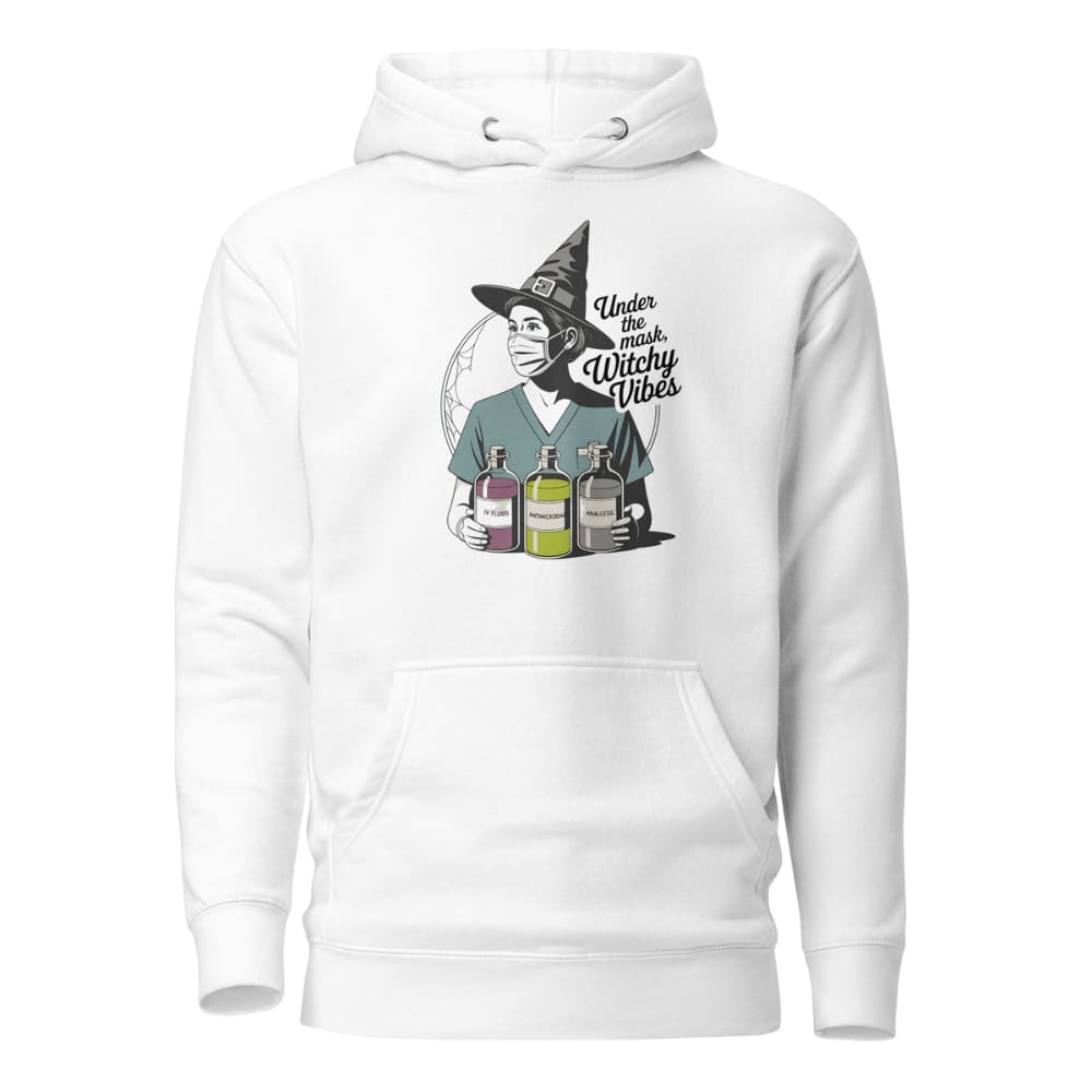 White hoodie with a graphic of a witch holding bottles and text 'Under the Influence Witchy Vibes' on a white background.