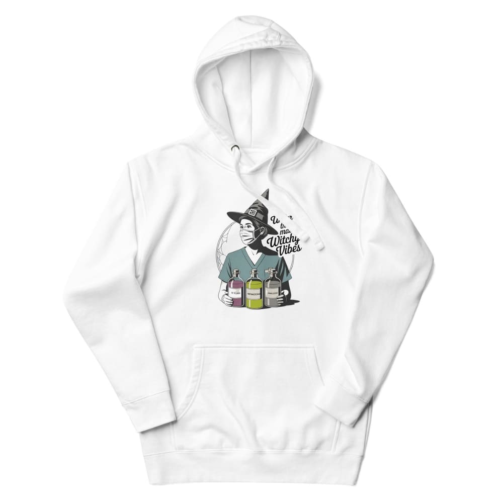White hoodie with a graphic design on a white background