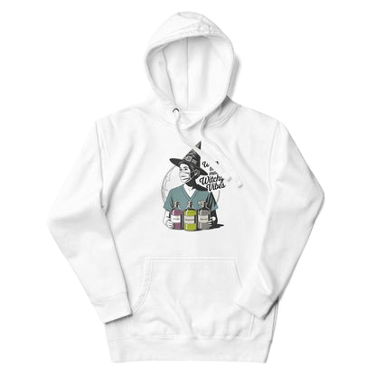 White hoodie with a graphic design on a white background