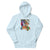 Light blue hoodie with a colorful graphic of characters in a classroom on a white background
