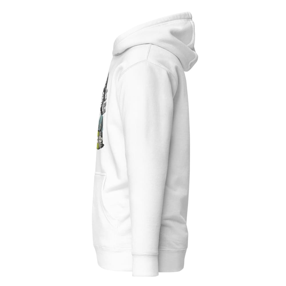 White hoodie with a small graphic on the chest against a white background