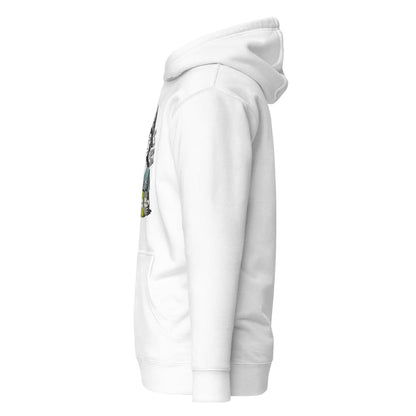 White hoodie with a small graphic on the chest against a white background