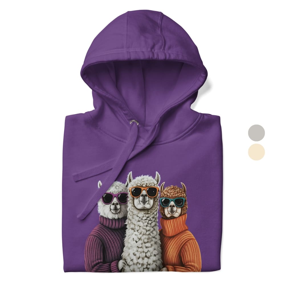 Purple hoodie with a graphic of three llamas wearing sunglasses and sweaters on a white background.