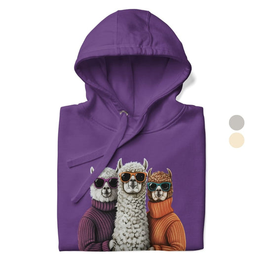 Purple hoodie with a graphic of three llamas wearing sunglasses and sweaters on a white background.