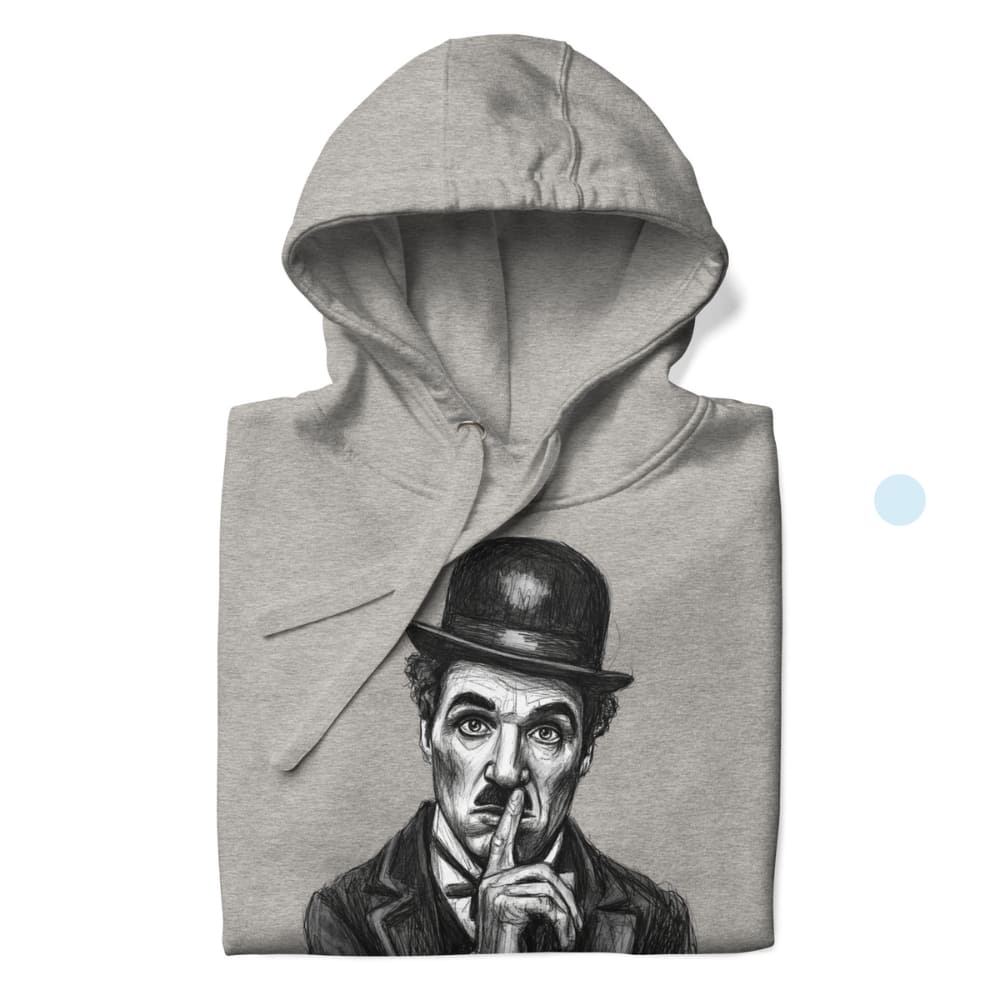 Gray hoodie with a graphic of a man in a bowler hat and trench coat on a white background