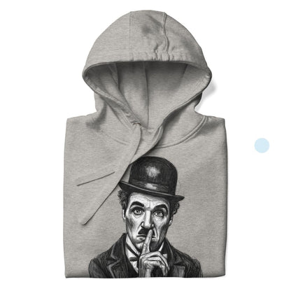 Gray hoodie with a graphic of a man in a bowler hat and trench coat on a white background