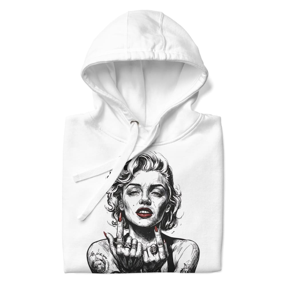 White hoodie with a graphic design of a stylized face on a white background