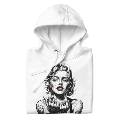 White hoodie with a graphic design of a stylized face on a white background