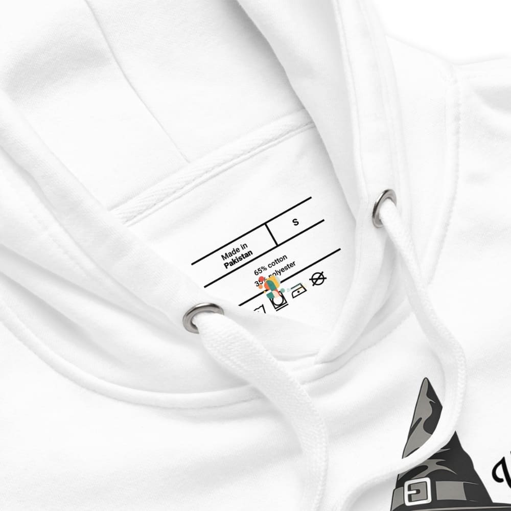 Close-up of a white garment with a label on a white background