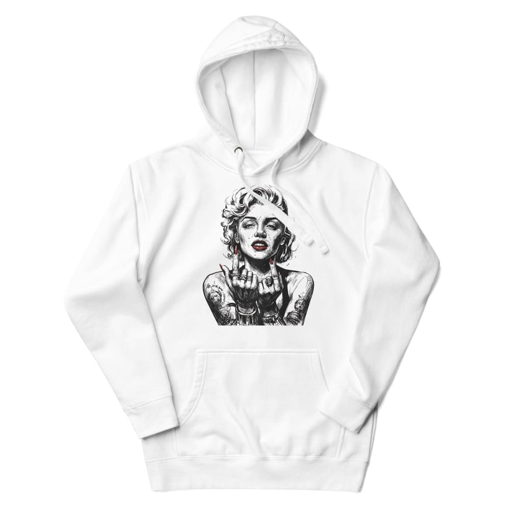 White hoodie with a graphic design of a stylized face on a white background