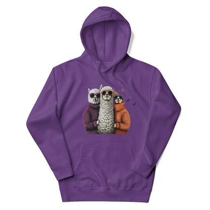 Purple hoodie with a graphic of three animals wearing sweaters on a white background