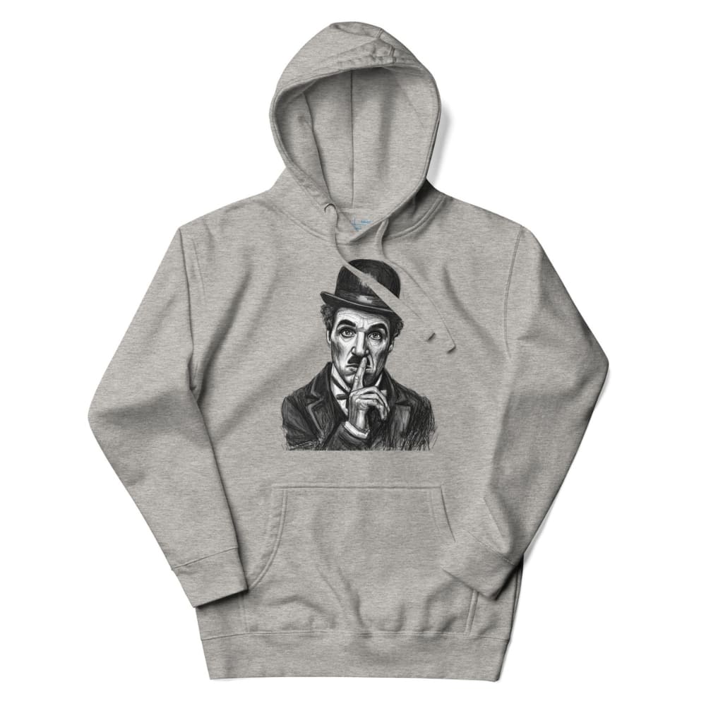 Gray hoodie with a graphic of a person in a hat and bowler, making a 'shh' gesture on a white background.
