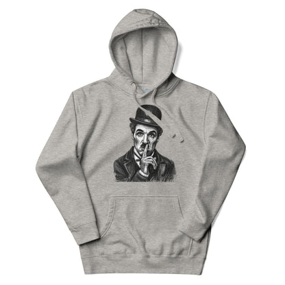 Gray hoodie with a graphic of a person in a hat and bowler, making a 'shh' gesture on a white background.
