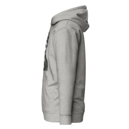 Gray hoodie with a brand logo on the chest pocket against a white background