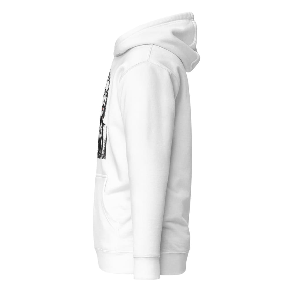 White hoodie with black graphic on sleeve against a white background