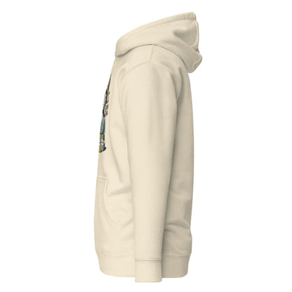 Beige hoodie with a small graphic on the sleeve against a white background