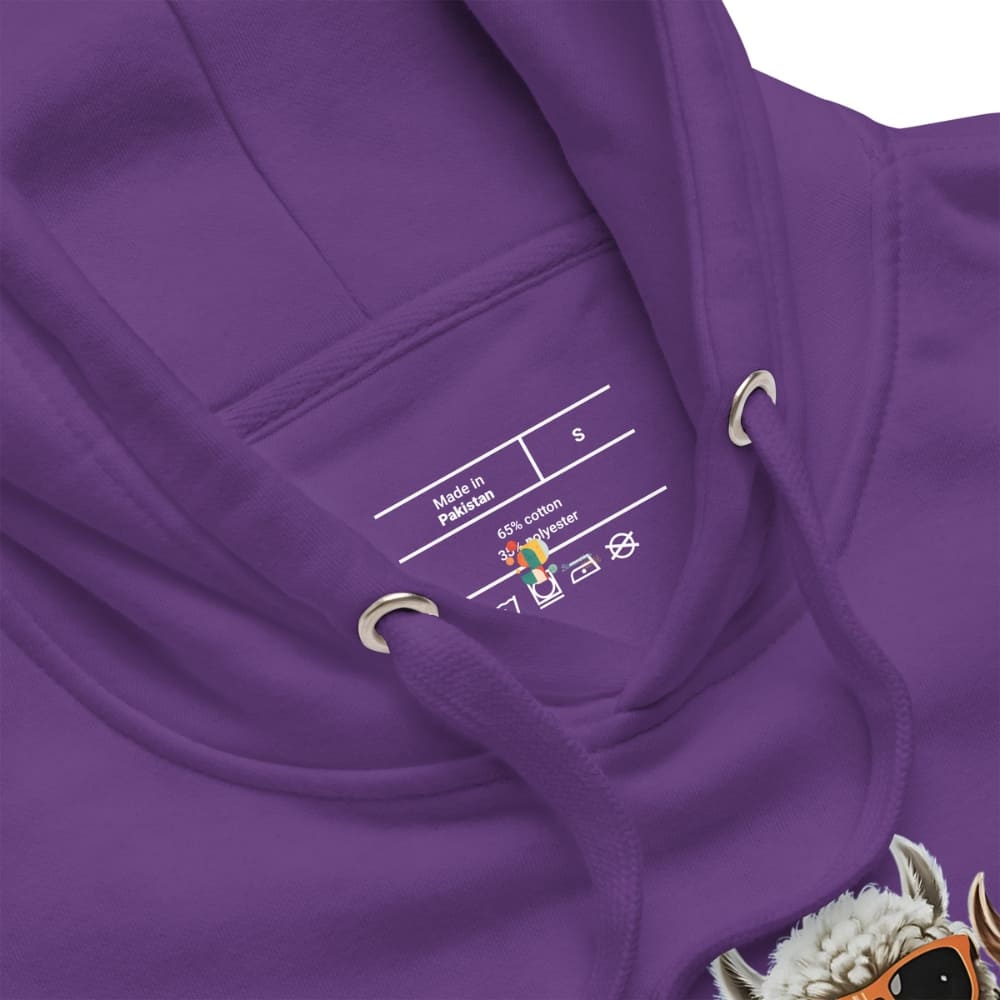 Close-up of a purple hoodie with a label on the chest area.