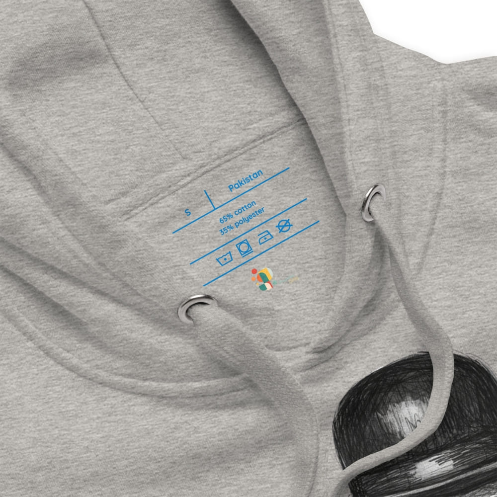 Gray hoodie with brand logo and text on the chest pocket against a white background