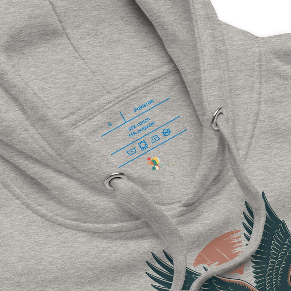 Gray hoodie with bird design and text on the chest pocket against a white background