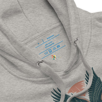 Gray hoodie with bird design and text on the chest pocket against a white background