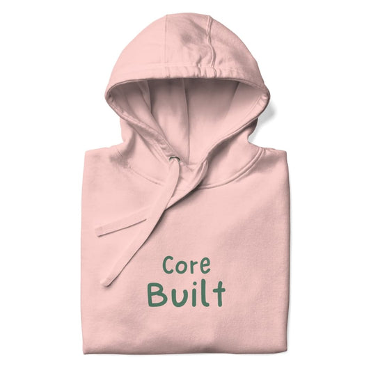 Pink hoodie with 'Core Built' text on a white background