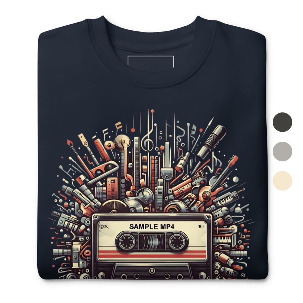 Navy blue sweatshirt with a colorful cassette tape design on a white background