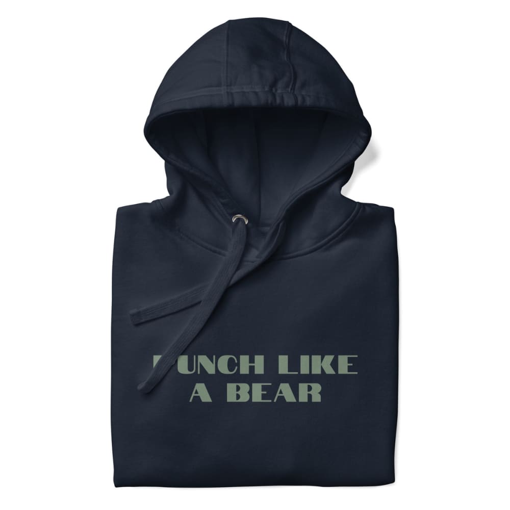 Black hoodie with 'PUNCH LIKE A BEAR' text on a white background