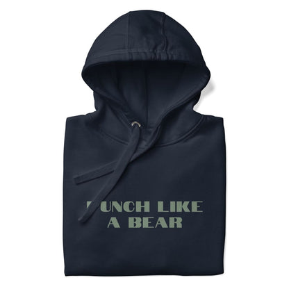 Black hoodie with 'PUNCH LIKE A BEAR' text on a white background